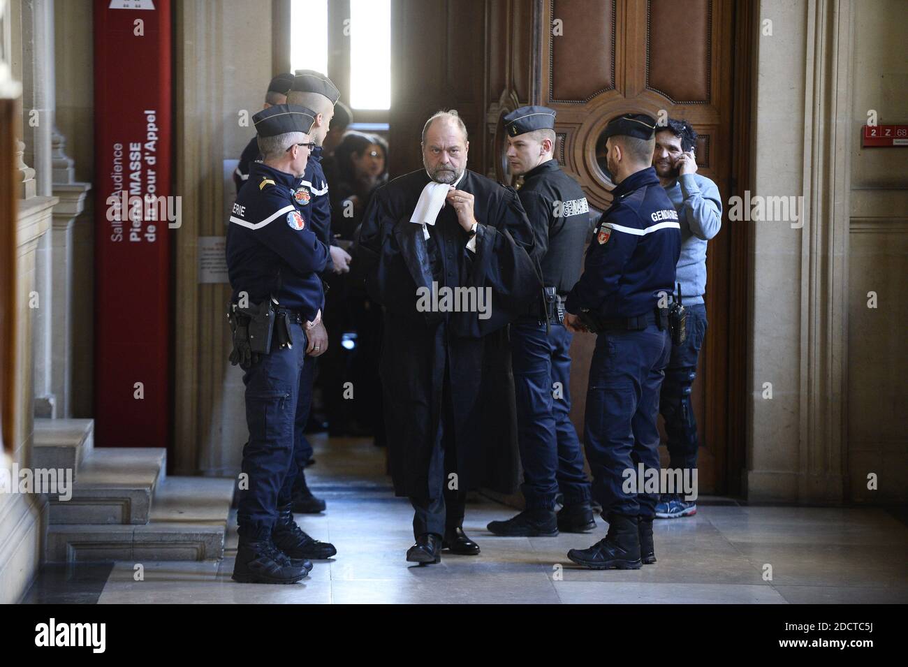 Former French budget minister Jerome Cahuzac's lawyer, Eric Dupond-Moretti at the Paris courthouse in Paris, France on February 11, 2018. Former French budget minister Jerome Cahuzac, whose brief in government was to crack down on tax dodgers, was sentenced to three years in prison on December 8, 2016 for tax fraud and money laundering. Photo by Eliot Blondet/ABACAPRESS.COM Stock Photo
