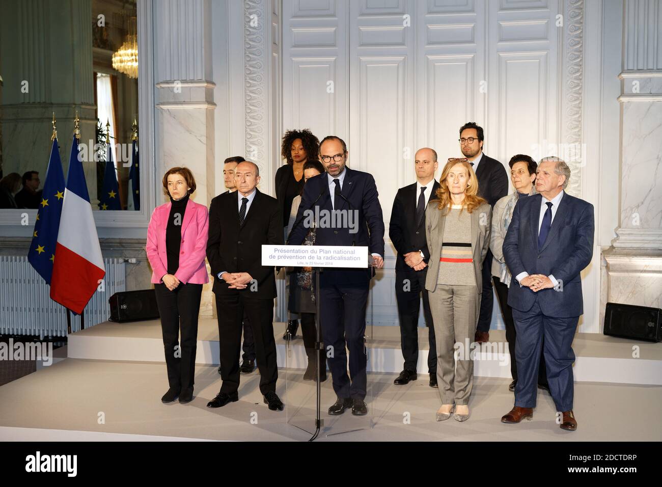 French Prime Minister Edouard Philippe, flanked by members of the government, French Defence Minister Florence Parly, French Interior Minister Gerard Collomb, French Justice Minister Nicole Belloubet, French Minister for the Territorial Cohesion Jacques Mezard, French Minister of Public Action and Accounts Gerald Darmanin, French Sports Minister Laura Flessel, French Minister for Solidarity and Health Agnes Buzyn, French Education Minister Jean-Michel Blanquer, French Junior Minister for the Digital Sector Mounir Mahjoubi and French Minister of Higher Education, Research and Innovation Frederi Stock Photo