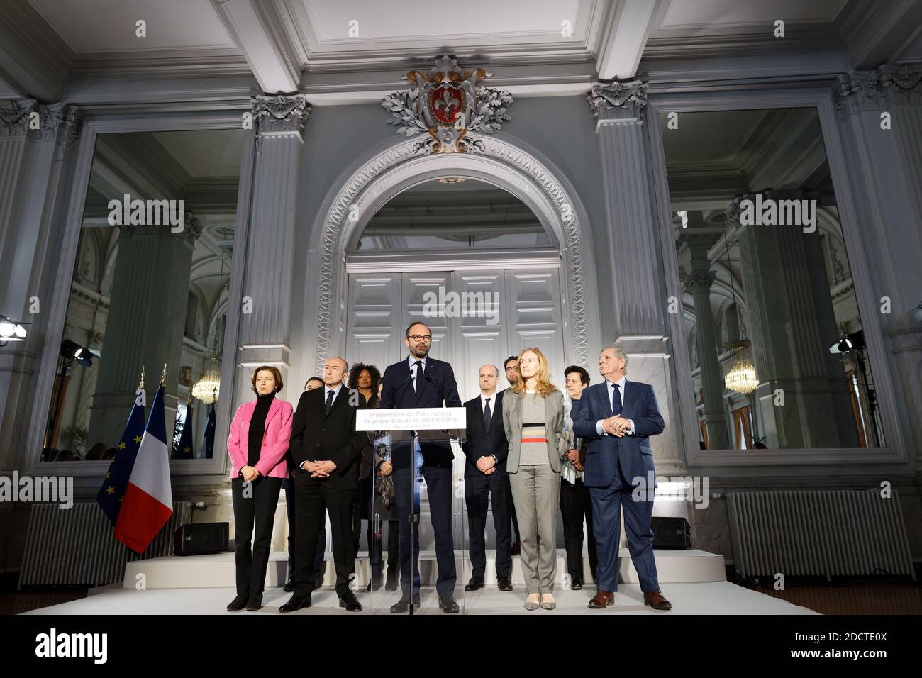 French Prime Minister Edouard Philippe, flanked by members of the government, French Defence Minister Florence Parly, French Interior Minister Gerard Collomb, French Justice Minister Nicole Belloubet, French Minister for the Territorial Cohesion Jacques Mezard, French Minister of Public Action and Accounts Gerald Darmanin, French Sports Minister Laura Flessel, French Minister for Solidarity and Health Agnes Buzyn, French Education Minister Jean-Michel Blanquer, French Junior Minister for the Digital Sector Mounir Mahjoubi and French Minister of Higher Education, Research and Innovation Frederi Stock Photo