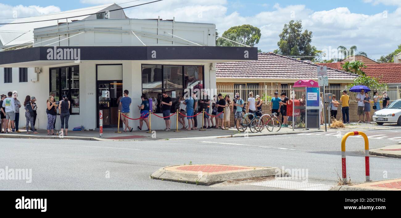 People queuing outside popular Chu Bakery opposite Hyde Park William St Highgate Perth Western Australia. Stock Photo