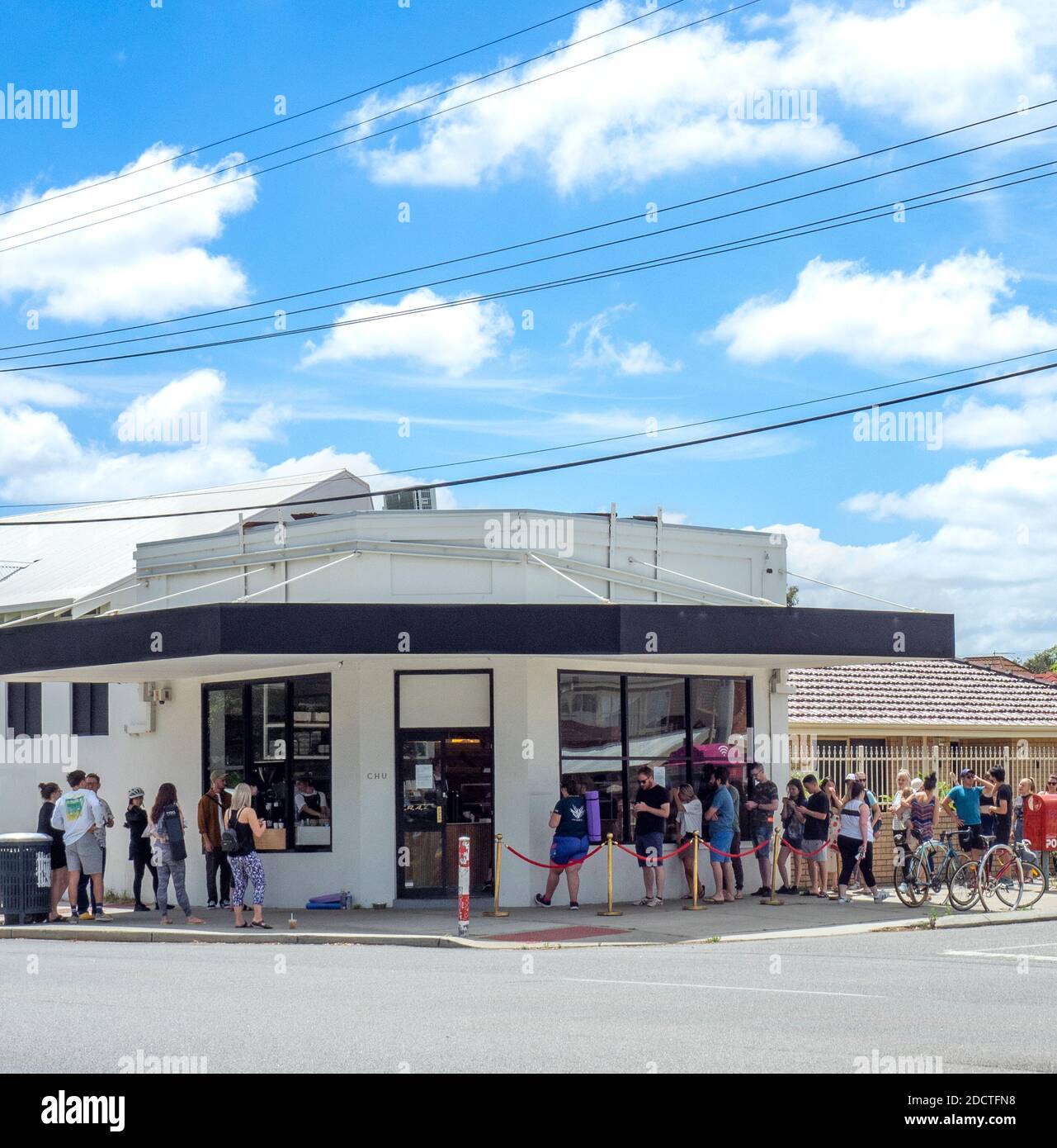 People queuing outside popular Chu Bakery opposite Hyde Park William St Highgate Perth Western Australia. Stock Photo