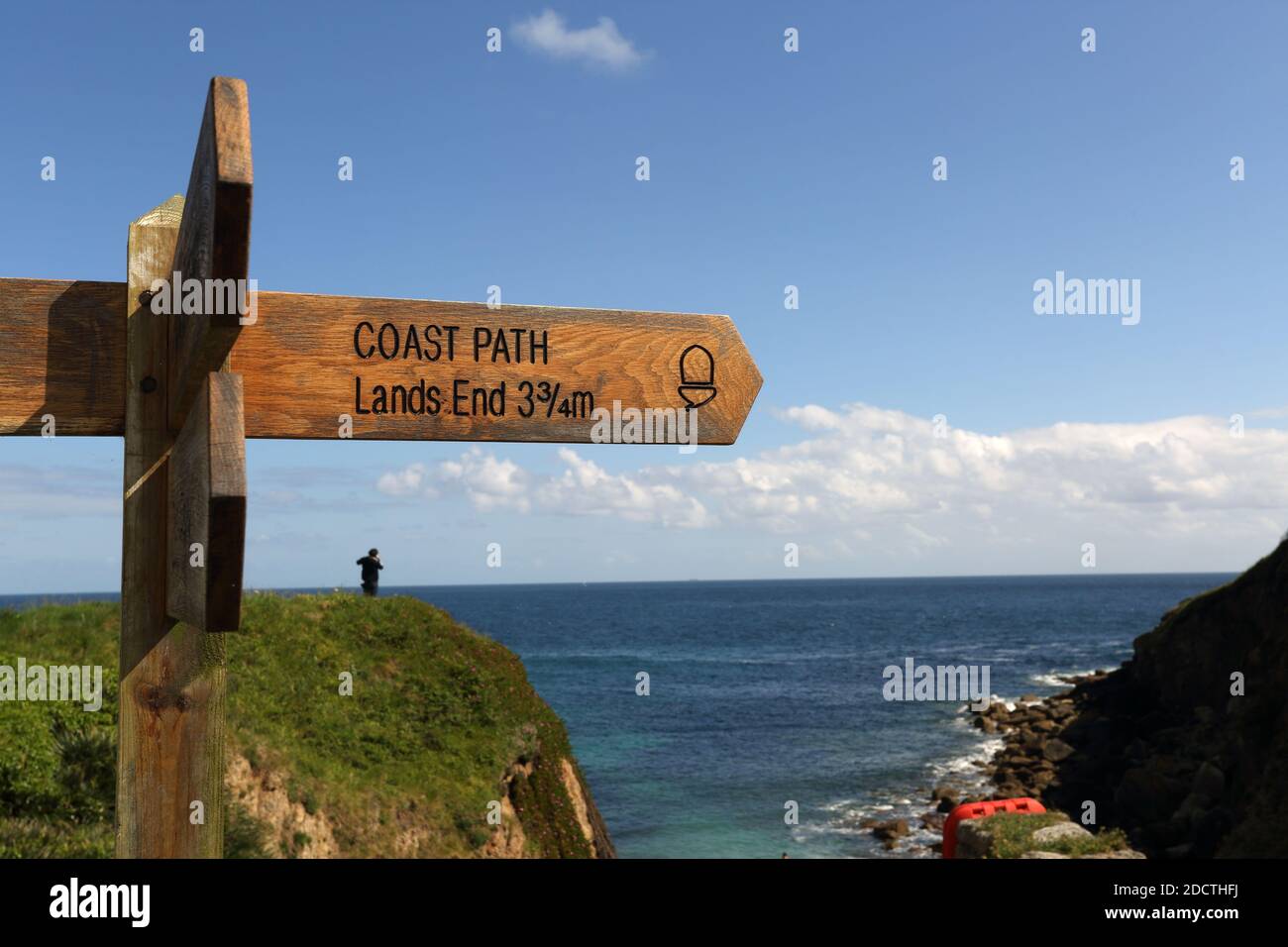 Sign South West Coast Path to Lands End in Porthgwarra , Cornwall ,UK Stock Photo