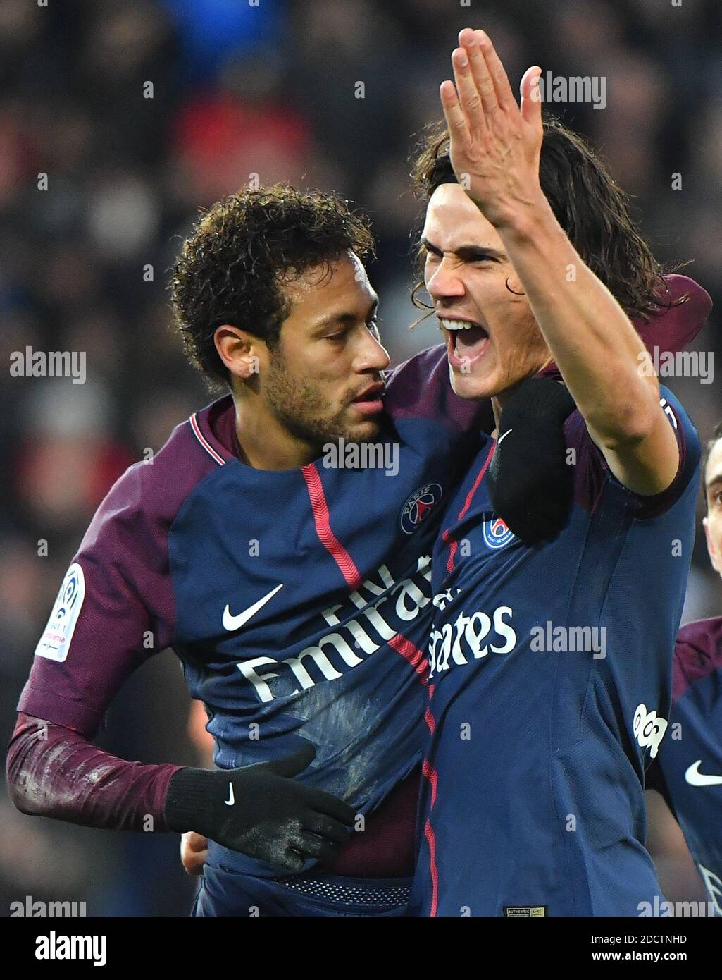 Psg S Edinson Cavani R And Neymar Celebrate During The Ligue 1 Paris Saint Germain Psg V Montpellier Football Match At The Parc Des Princes Stadium In Paris France January 27 18 Edinson Cavani