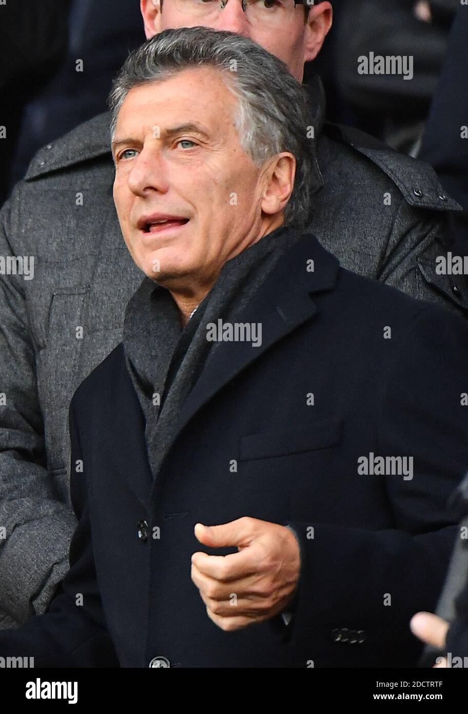 Argentina's President Mauricio Macri watches from the stands the Ligue 1 Paris Saint-Germain (PSG) v Montpellier football match at the Parc des Princes stadium in Paris, France, January 27, 2018. Photo by Christin Liewig/ABACAPRESS.COM Stock Photo