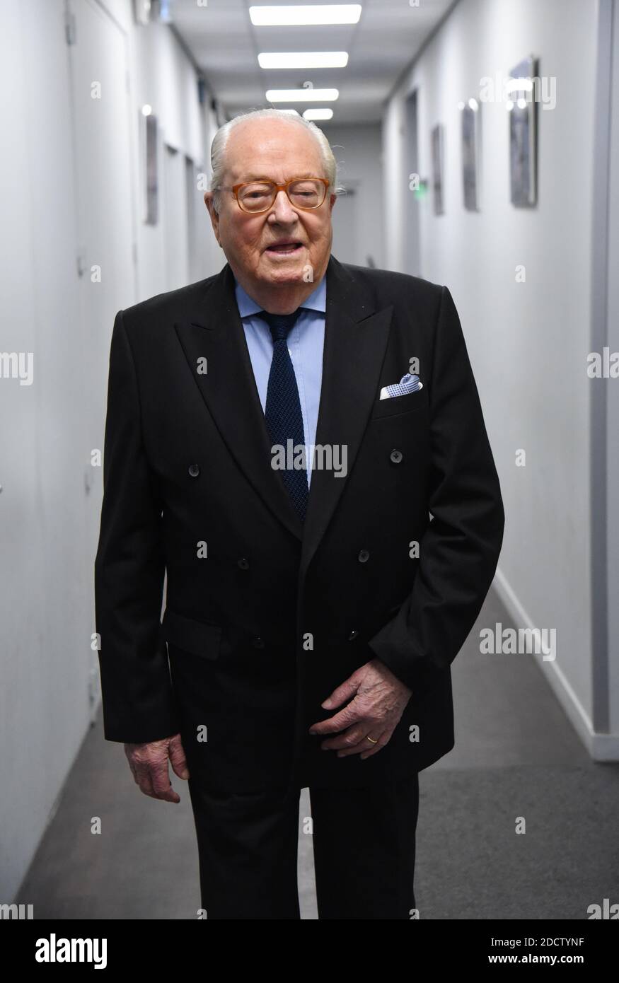 Exclusive - Jean-Marie Le Pen is interviewed by Appolline de Malherbe, (Bourdin  Direct) on RMC/BFM TV in Paris, France on March 2, 2018. Jean-Marie Le Pen  presents the first book about his