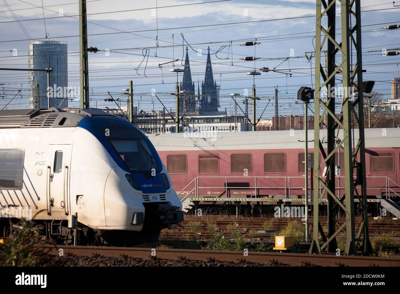 tracks at the depot Deutzer Feld in the district Deutz, view to the KoelnTriangle skyscraper and the cathedral, Cologne, Germany.  Gleisanlagen am Bet Stock Photo