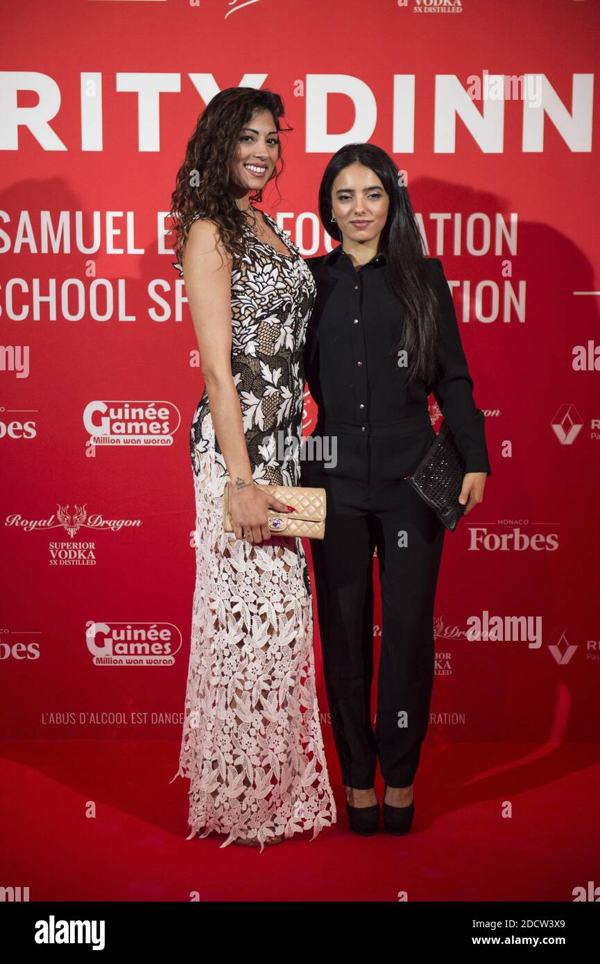 Journalist Shaheen Malik (L) (wearing a dress by Christophe Guillarme and jewellery by Elsa Lee) and Hafsia Herzi (R) during a Charity Dinner (by Samuel Eto'o) at 'Petit Palais' in Paris on April 5, 2018. Photo by Eliot Blondet/ABACAPRESS.COM Stock Photo
