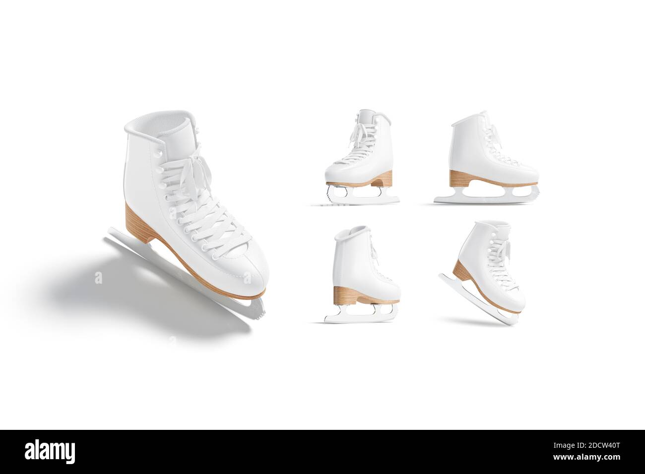 Blank white ice skates with blade, lace mockup, different views Stock
