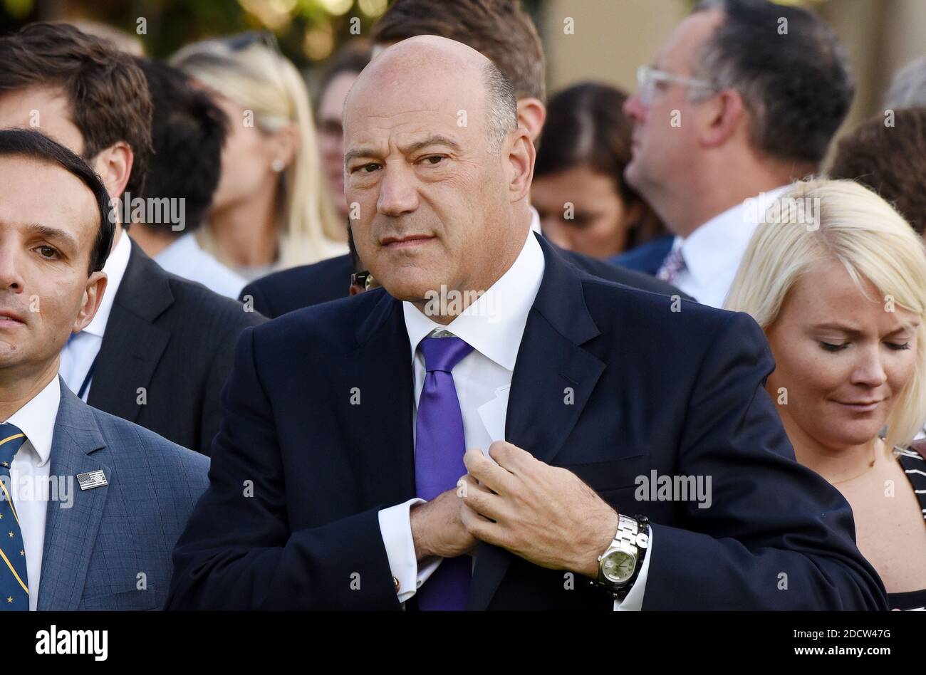 File photo - Gary D. Cohn, President Trump's top economic adviser participates in a moment of silence on the 16th anniversary of the September 11 terrorist attacks on the United States, at the White House on September 11, 2017 in Washington, DC. US President Donald Trump's top economic adviser Gary Cohn is resigning, the White House has said. It is the latest in a series of high-profile departures from President Trump's team. There has been speculation that Mr Cohn, a supporter of free trade, was angered by Mr Trump's plans to impose tariffs on aluminium and steel imports. Photo by Olivier Dou Stock Photo