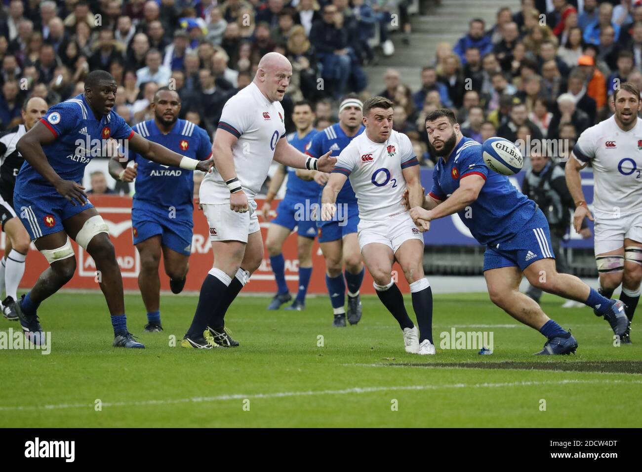 France's Rabah Slimani battles England's Dan Cole and George Ford during  Rugby Natwest 6 Nations Tournament, France vs England in Stade de France,  St-Denis, France, on March 10th, 2018. France won 22-16.