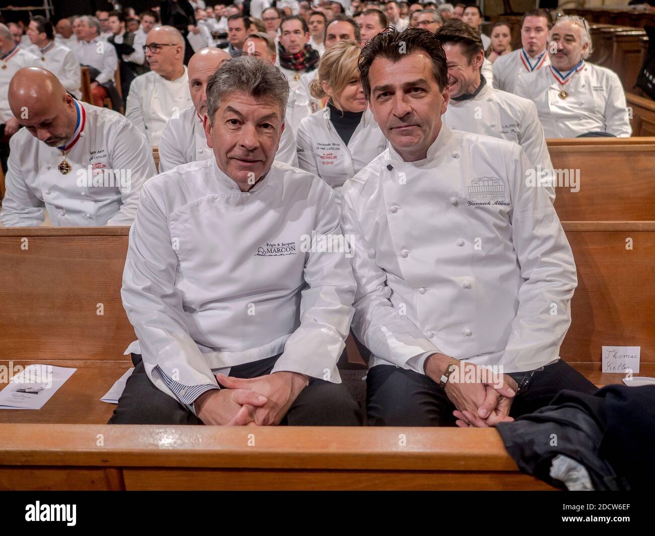 Paul Bocuse's funeral took place in the cathedral St Jean, Lyon.Regis Marcon & Yannick Alleno, chefs Photo by Bony/Pool/ABACAPRESS.COM Stock Photo