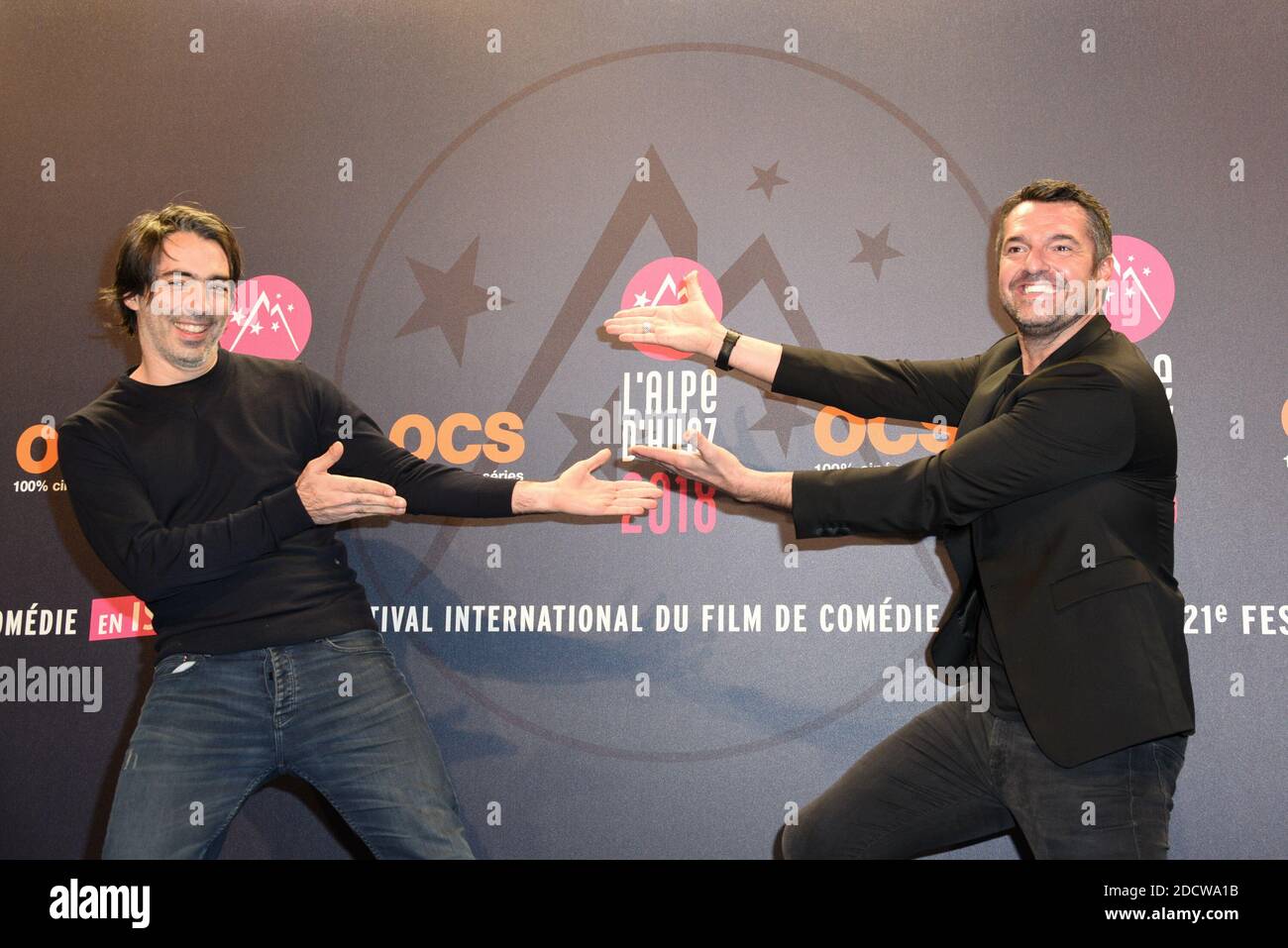Emmanuel Gillibert and Arnaud Ducret posing for the photocall of Les dents,  pipi et au lit during the 21st Comedy Film Festival in L'Alpe dHuez,  France, on January 19, 2018. Photo by