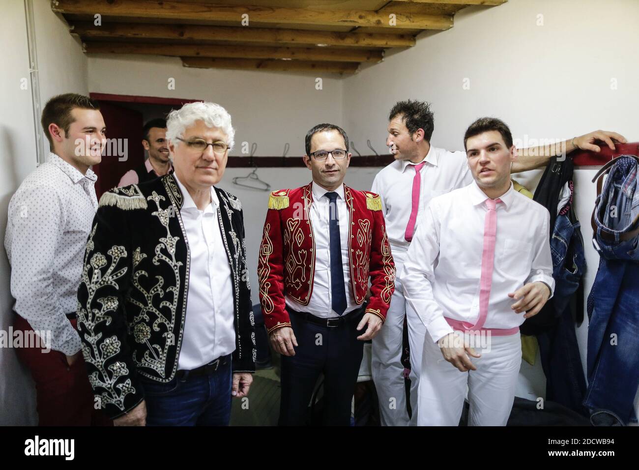 Benoit Hamon, candidate of the left-wing party 'Parti Socialiste' for presidential elections 2017 attends a Landaise race ( course landaise) in Aignan, France on April 17, 2017. Photo by Thibaud Moritz/ABACAPRESS.COM Stock Photo