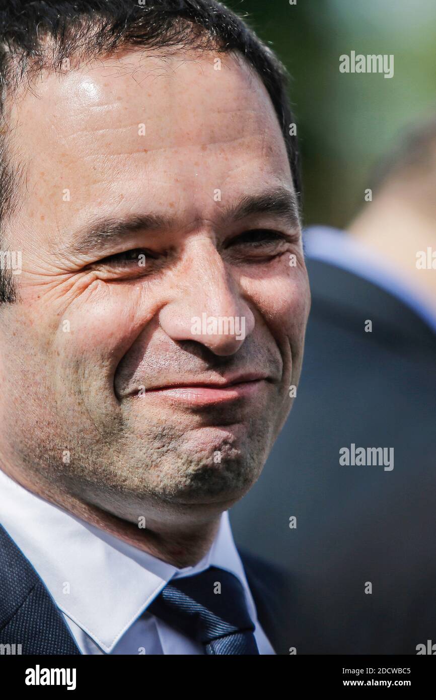 Benoit Hamon, candidate of the left-wing party 'Parti Socialiste' for presidential elections 2017 attends a Landaise race ( course landaise) in Aignan, France on April 17, 2017. Photo by Thibaud Moritz/ABACAPRESS.COM Stock Photo