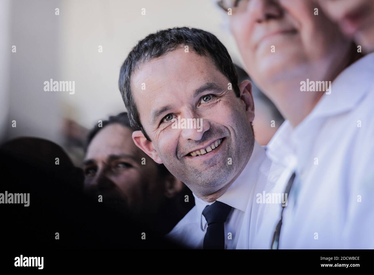 Benoit Hamon, candidate of the left-wing party 'Parti Socialiste' for presidential elections 2017 attends a Landaise race ( course landaise) in Aignan, France on April 17, 2017. Photo by Thibaud Moritz/ABACAPRESS.COM Stock Photo