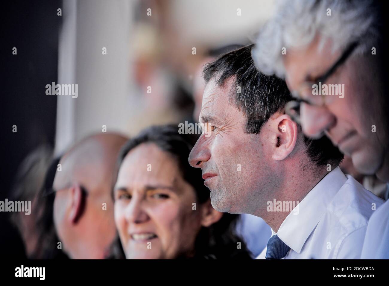 Benoit Hamon, candidate of the left-wing party 'Parti Socialiste' for presidential elections 2017 attends a Landaise race ( course landaise) in Aignan, France on April 17, 2017. Photo by Thibaud Moritz/ABACAPRESS.COM Stock Photo