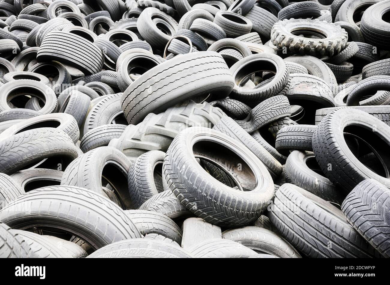Szczecin Kijewo, Poland - November 21, 2020: Used tires illegal dump. Stock Photo