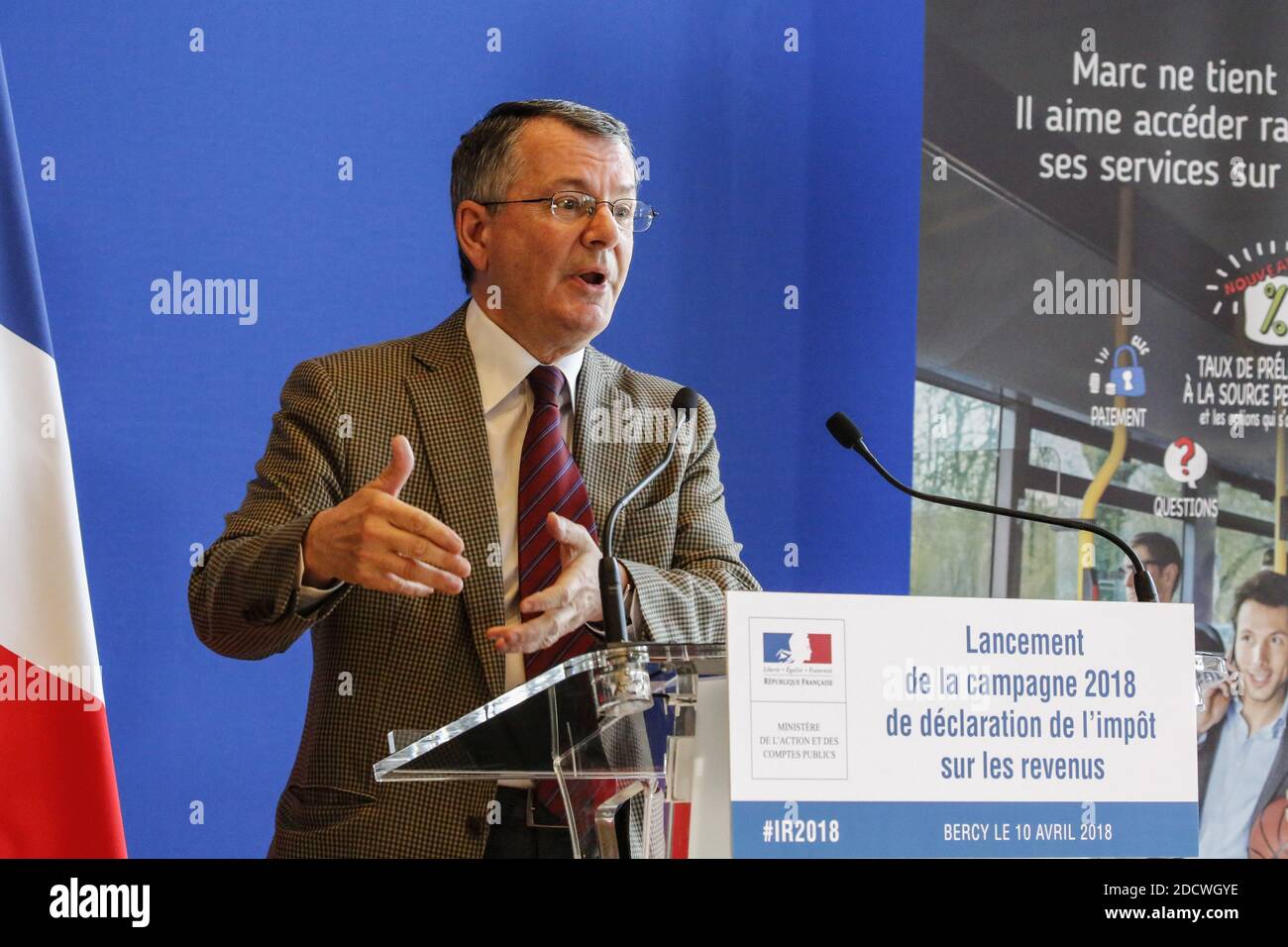 Head of DGFIP Bruno Parent during a press conference for the launching of the 2018 campaign for the withholding taxes in the Economy and Finance Ministry of Bercy, Paris, France on April 10th, 2018. Photo by Henri Szwarc/ABACAPRESS.COM Stock Photo