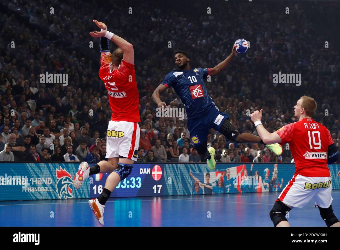 France s Dika Mem playing in the Golden League Handball game