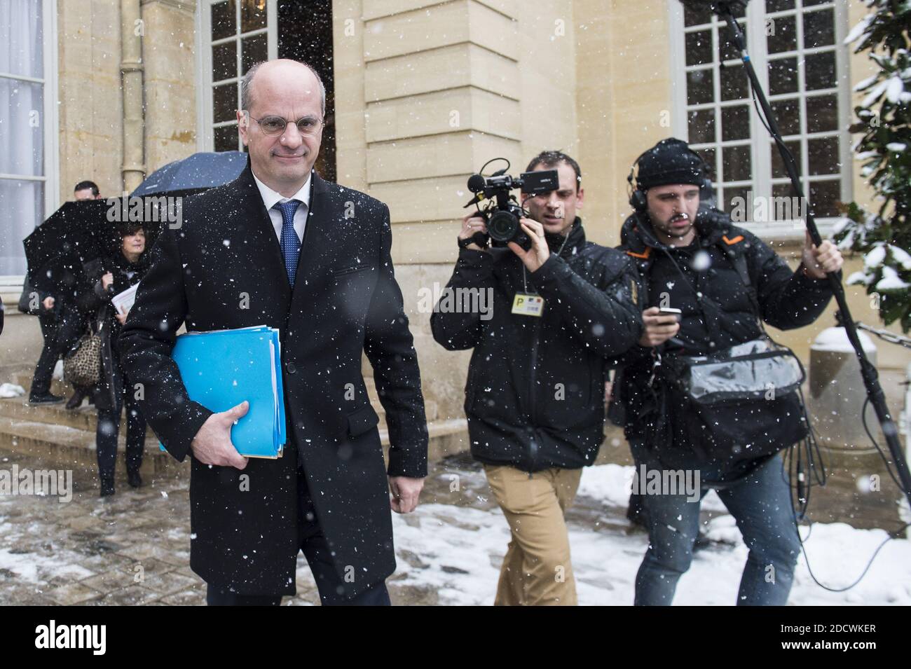 French Education Minister Jean Michel Blanquer with snow on February 9