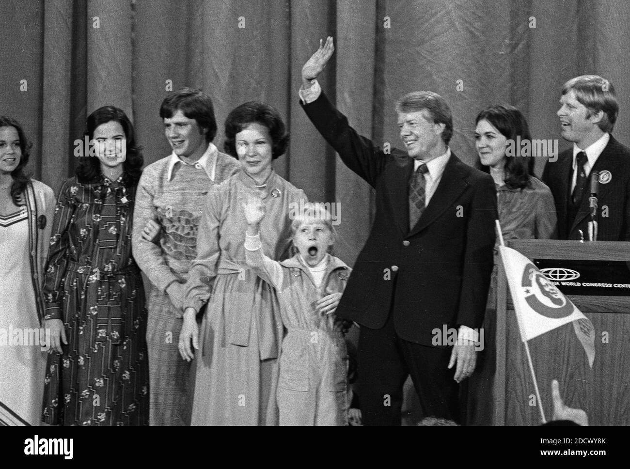 United States President-elect Jimmy Carter, his wife, Rosalynn, and daughter Amy, surrounded by family, wave to the crowd at an election night rally after he claimed victory over US President Gerald R. Ford in Atlanta, Georgia on November 3, 1976. Photo by Benjamin E. 'Gene' Forte / CNP/ABACAPRESS.COM Stock Photo