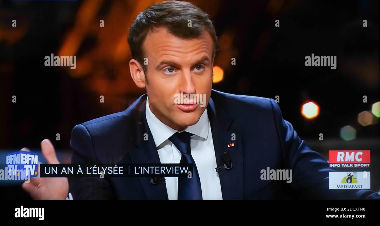 Screenshot - Interview BFMTV, RMC, Mediapart of President Emmanuel Macron  by French journalist Jean Jacques Bourdin (BFMTV - RMC) and french  journalist Edwy Plenel (Mediapart) at the Theatre National de Chaillot in