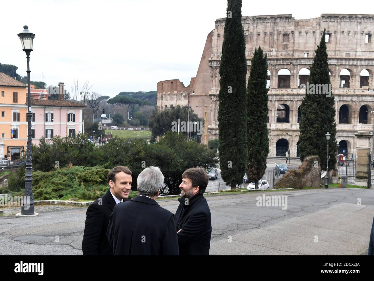 France's President Emmanuel Macron (L) poses with Italy's Cultural Heritage and Activities Minister Dario Franceschini (R) and Italy's Prime Minister Paolo Gentiloni (C) in front of the Colosseum before their visit at the Domus Aurea, the house built by Roman Emperor Nero, on January 11, 2018 in Rome, Italy. Photo : Eric Vandeville/ABACAPRESS.COM Stock Photo