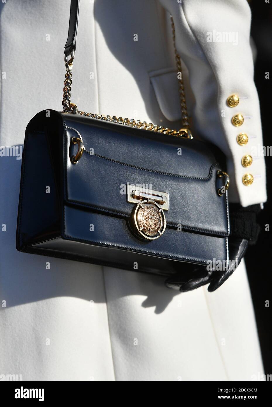 The handbag of French President's wife Brigitte Macron as she visits the  Forbidden City in Beijing, China, January 9, 2018. Macron toured Beijing's  sprawling Forbidden City on Tuesday before a day of