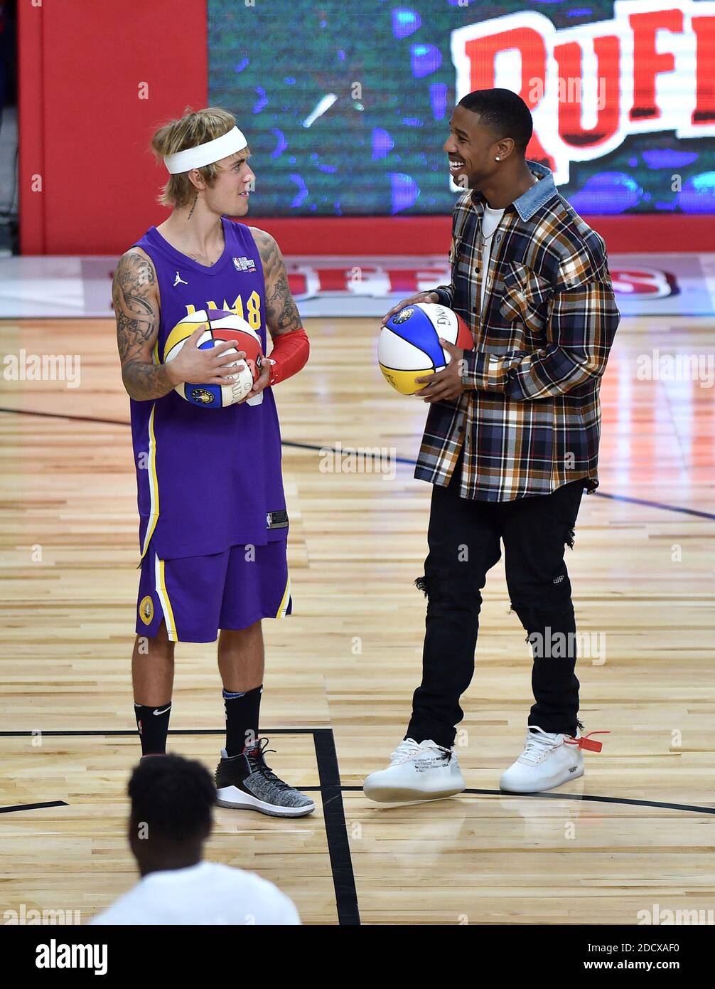 Justin Bieber and Michael B. Jordan during the NBA All-Star Celebrity Game  2018 held at