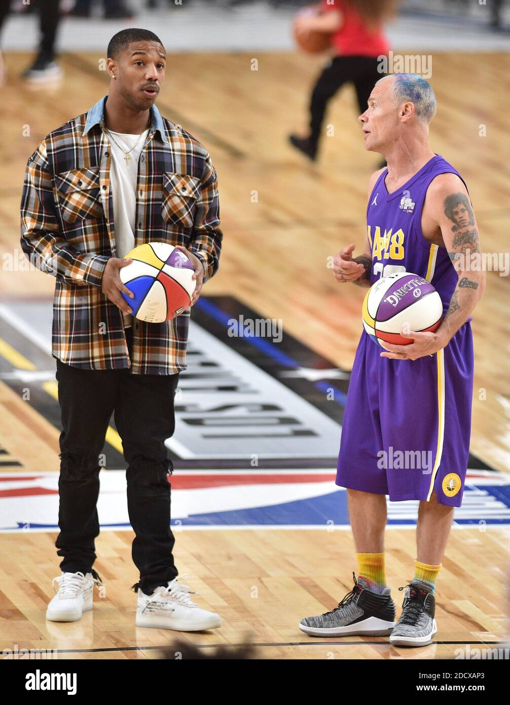 Michael B. Jordan and Flea during the NBA All-Star Celebrity Game 2018 held  at the