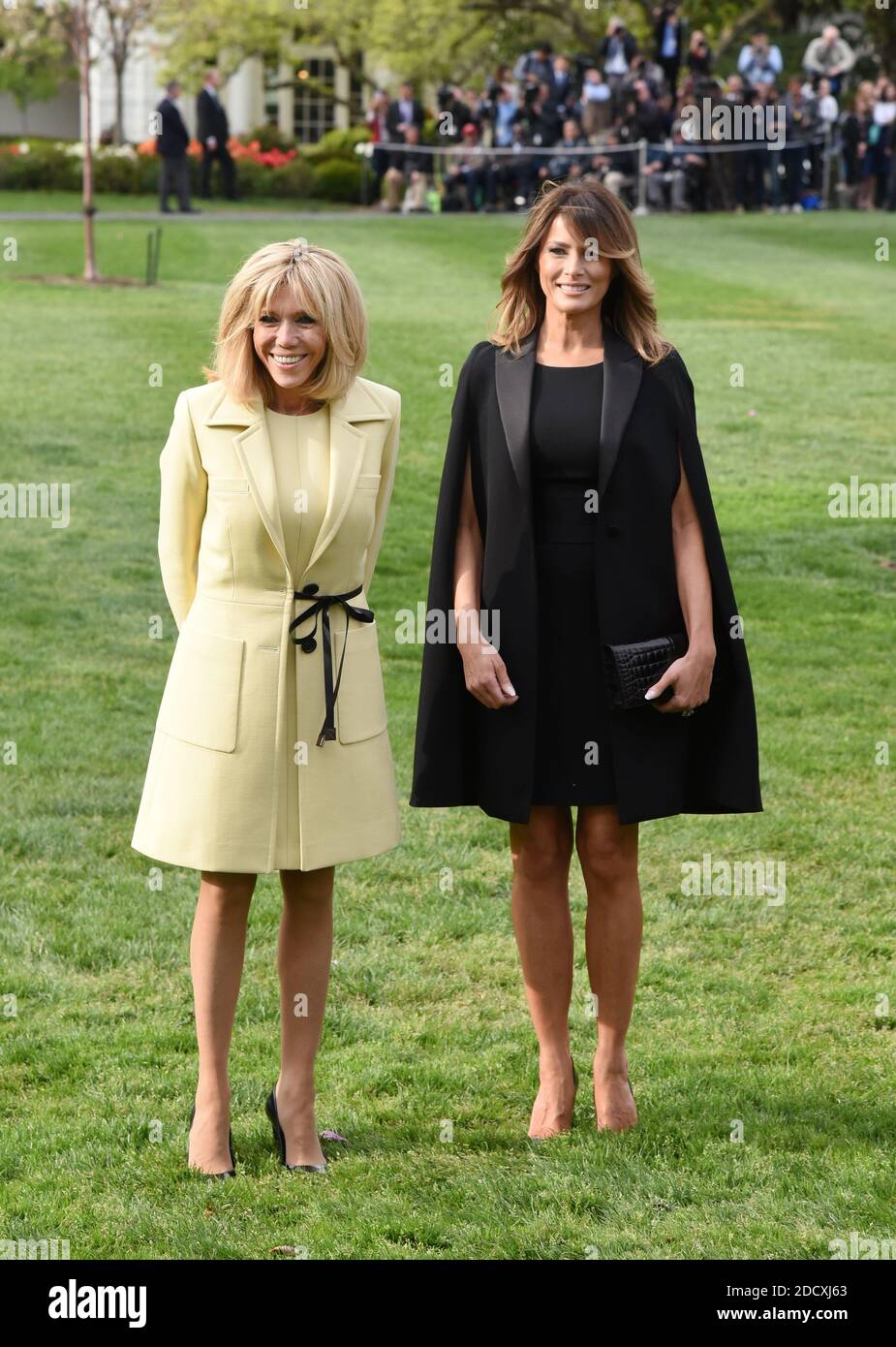 U.S. First Lady Melania Trump and French First Lady Brigitte Macron participate in a tree planting ceremony on the South Lawn of the White House, April 23, 2018 in Washington D.C . Photo by Olivier Douliery/ABACAPPRESS.COM Stock Photo