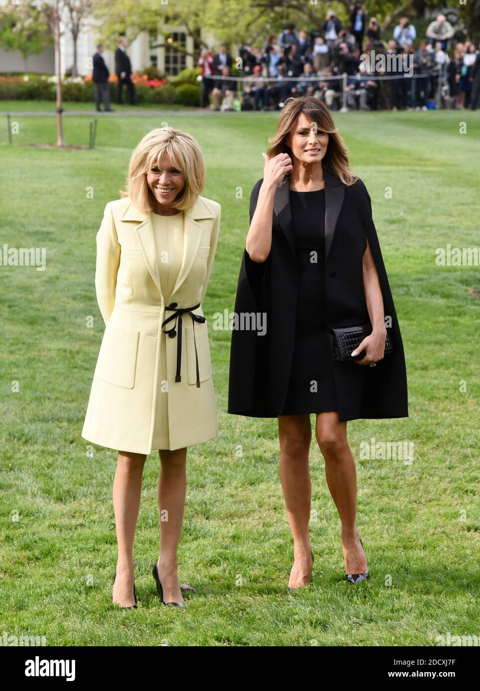 U.S first lady Melania Trump and French first lady Brigitte Macron attend a tree planting ceremony on the South Lawn of the White House April 23, 2018 in Washington D.C . Photo by Olivier Douliery/ABACAPPRESS.COM Stock Photo