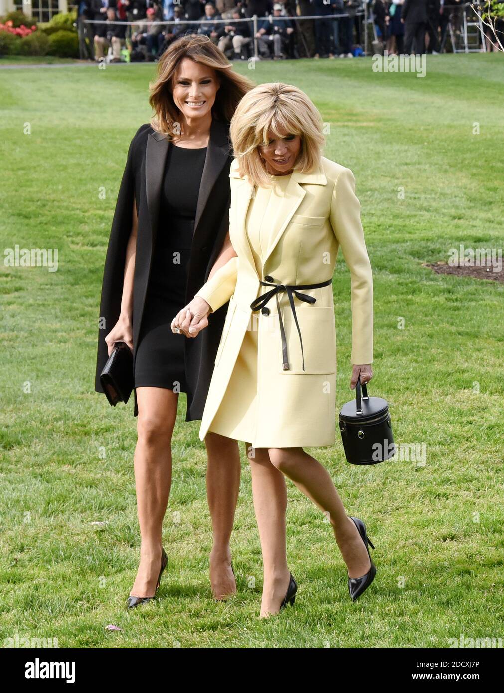 U.S first lady Melania Trump and French first lady Brigitte Macron attend a tree planting ceremony on the South Lawn of the White House April 23, 2018 in Washington D.C . Photo by Olivier Douliery/ABACAPPRESS.COM Stock Photo