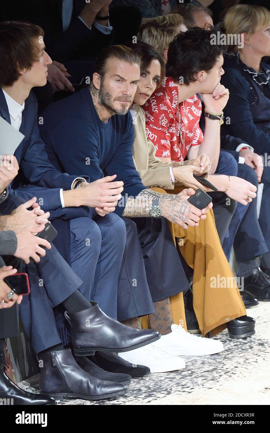 David Beckham, Victoria Beckham and their son Brooklyn Beckham attending  the Louis Vuitton Homme show during Paris Men's Fashion Week Fall/Winter  2018-2019 on January 18, 2018 in Paris, France. Photo by Aurore