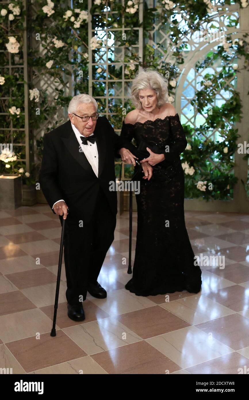 Henry Kissinger and wife Nancy arriving in the “Booksellers Area” of the White House to attend a state dinner honoring France's President Emmanuel Macron on April 24, 2018 in Washington, DC. Photo by Jacovides-Lemouton/Pool/ABACAPRESS.COM Stock Photo