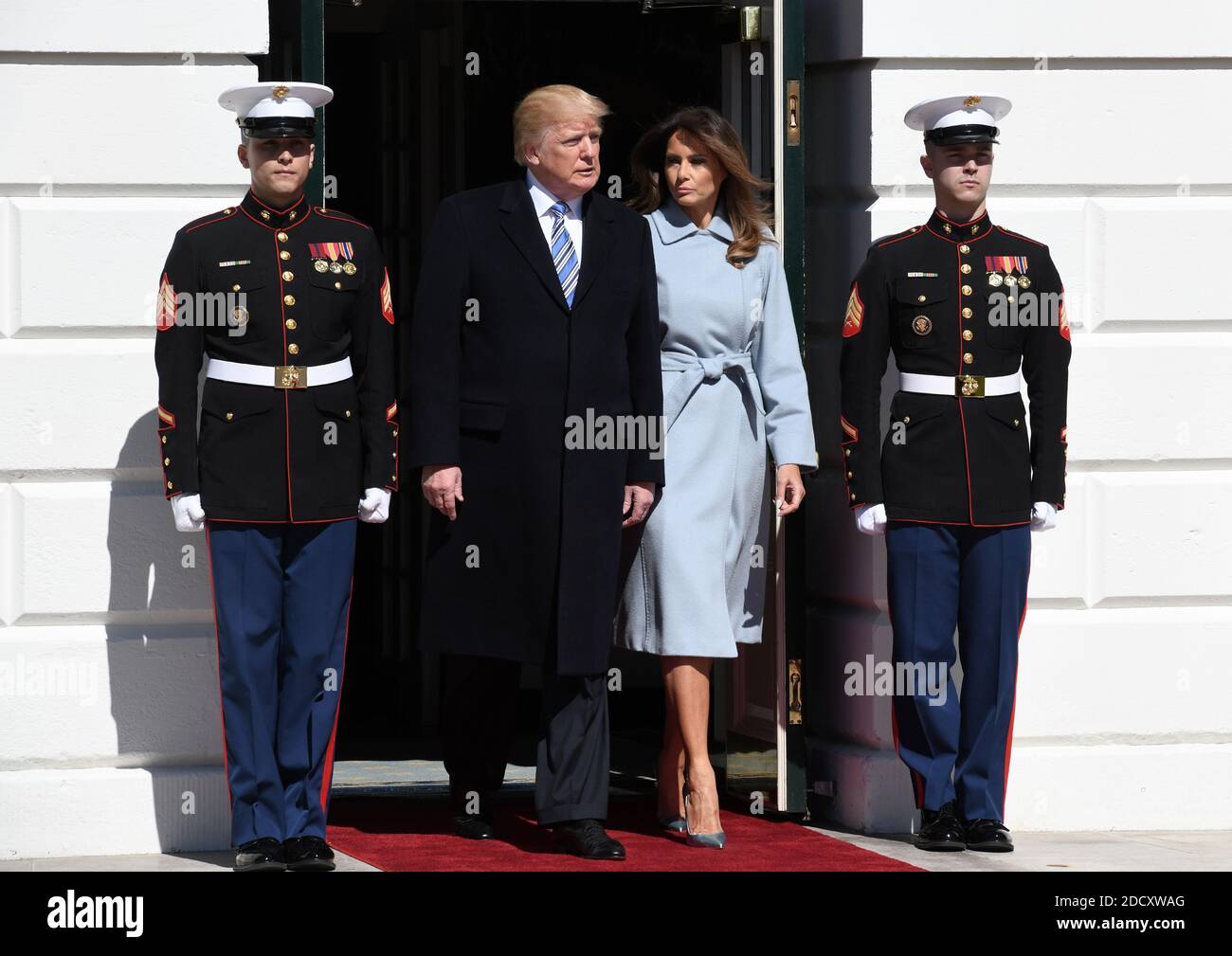 US President Donald Trump and First Lady Melania Trump arrive to greet  Prime Minister Benjamin Netanyahu and Sara Netanyahu of Israel at the White  House in Washington, DC, USA March 5, 2018.
