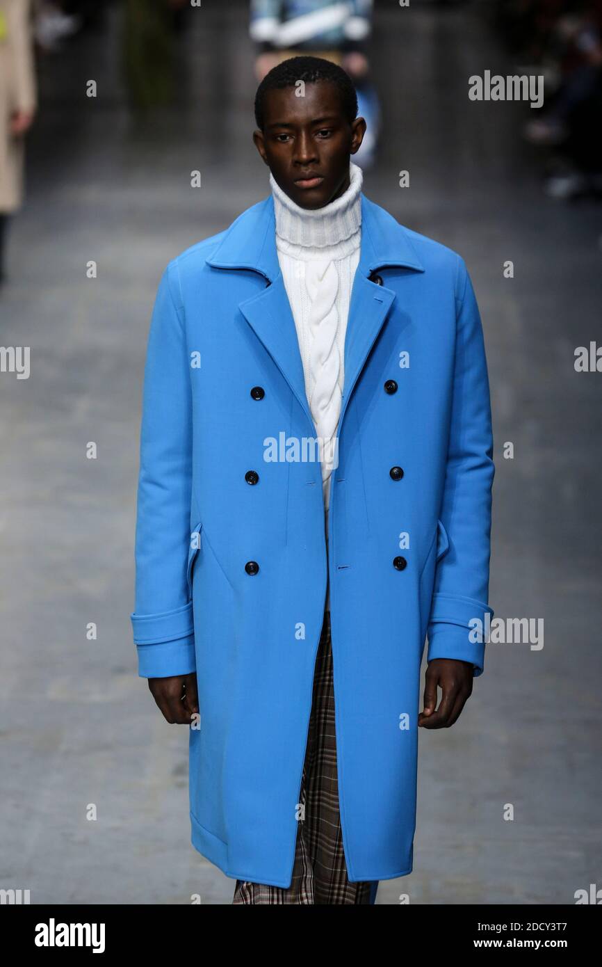 A model walks the runway during Trussardi fashion show held at Ansaldo  factory in Milan, Italy, on February 25, 2018. Photo by Marco  Piovanotto/ABACAPRESS.COM Stock Photo - Alamy