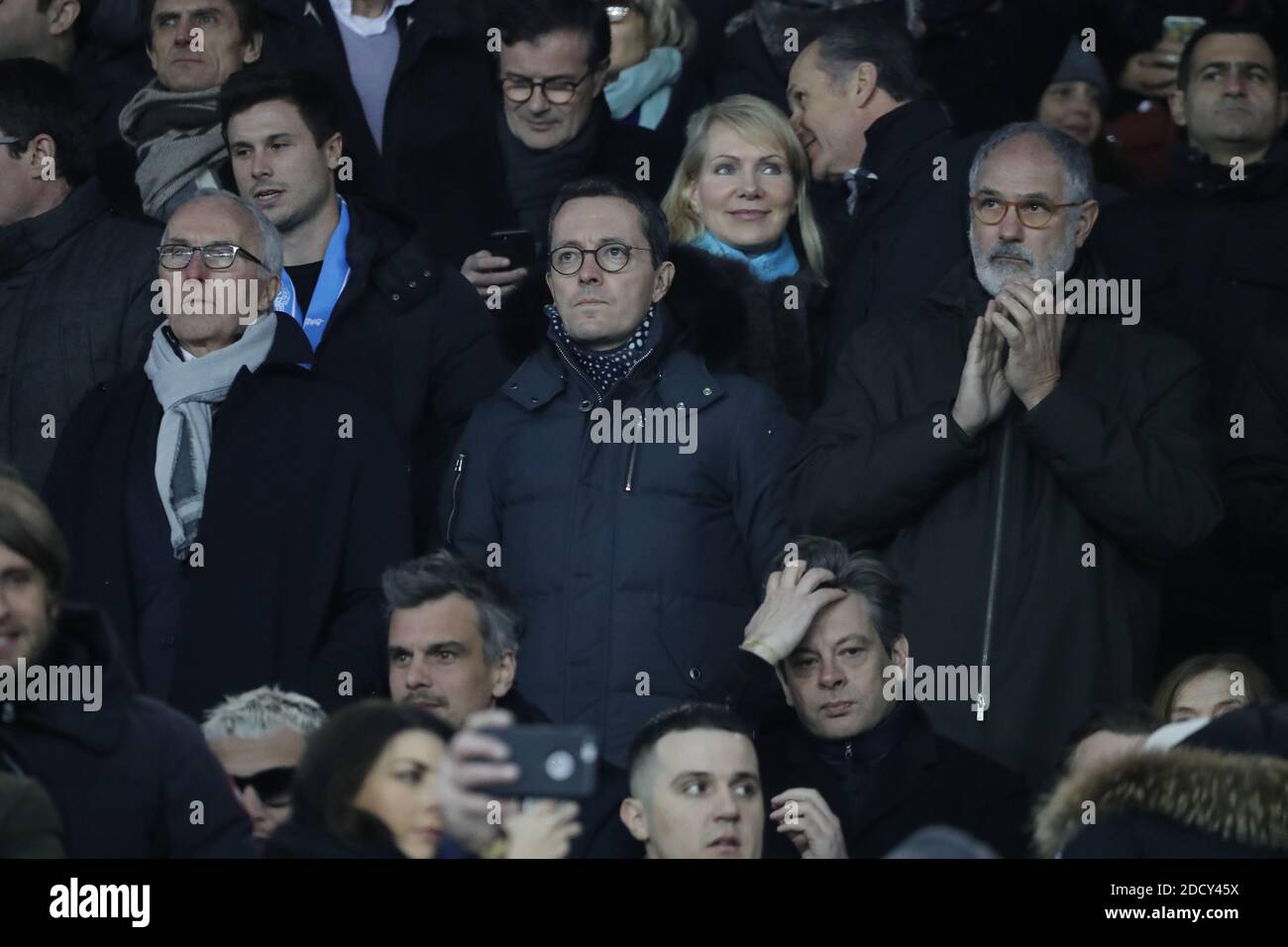 Marseille's owner Franck McCourt, President Jacques-Henri Eyraud, Technical director Andoni Zubizarreta and behind them former owner Margarita Louis-Dreyfus during the French First League soccer match, PSG vs Marseille in Parc des Princes, France, on February 25th, 2018. PSG won 3-0. Photo by Henri Szwarc/ABACAPRESS.COM Stock Photo