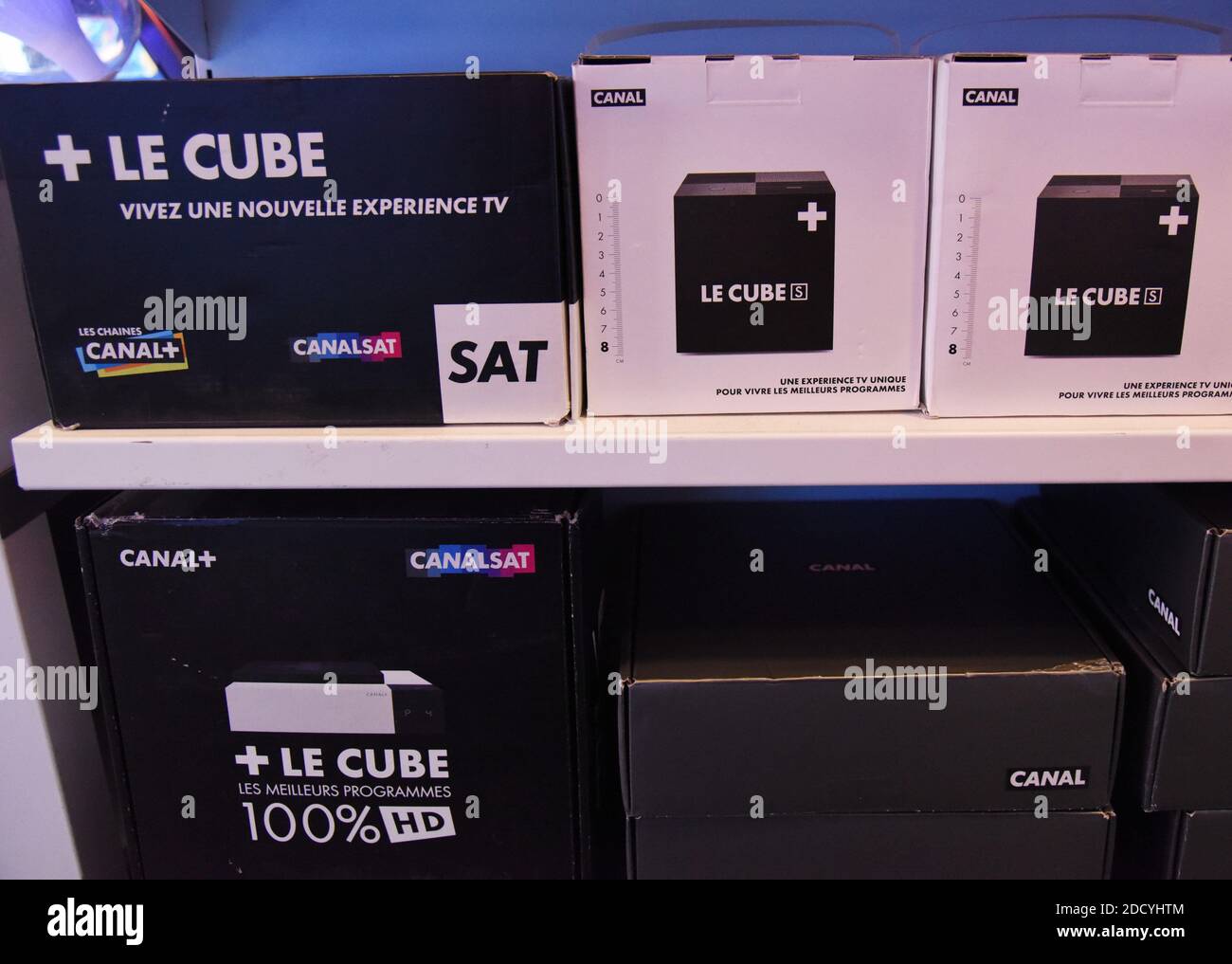 Canal+ items are on display in a retailer shop in Paris, France, March 7, 2018. In a press release Canal+ announced that it was terminating the distribution of the TF1 group’s channels because it could not reach a commercial agreement with the group, whose “unreasonable and unfounded financial requirements” it denounced. “The Canal+ group regrets the stalemate in the negotiations with the TF1 group after eighteen months of discussions and is forced to interrupt the distribution of channels TF1, TMC, TFX, TF1 Séries Films, LCI and their associated services,” according to the statement. Photo by Stock Photo