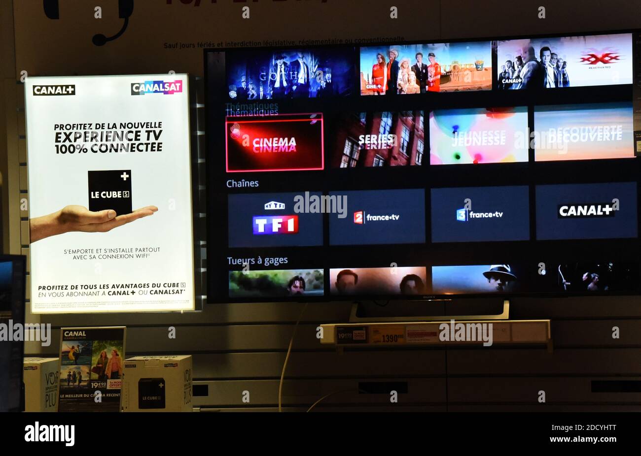 Canal+ items are on display in a retailer shop in Paris, France, March 7,  2018. In a press release Canal+ announced that it was terminating the  distribution of the TF1 group's channels