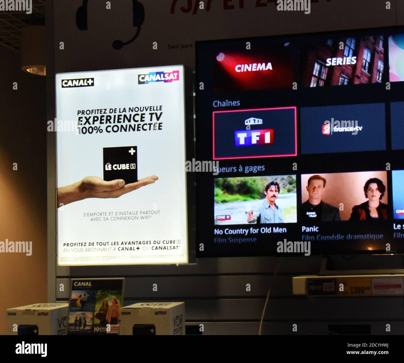 Canal+ items are on display in a retailer shop in Paris, France, March 7, 2018. In a press release Canal+ announced that it was terminating the distribution of the TF1 group’s channels because it could not reach a commercial agreement with the group, whose “unreasonable and unfounded financial requirements” it denounced. “The Canal+ group regrets the stalemate in the negotiations with the TF1 group after eighteen months of discussions and is forced to interrupt the distribution of channels TF1, TMC, TFX, TF1 Séries Films, LCI and their associated services,” according to the statement. Photo by Stock Photo