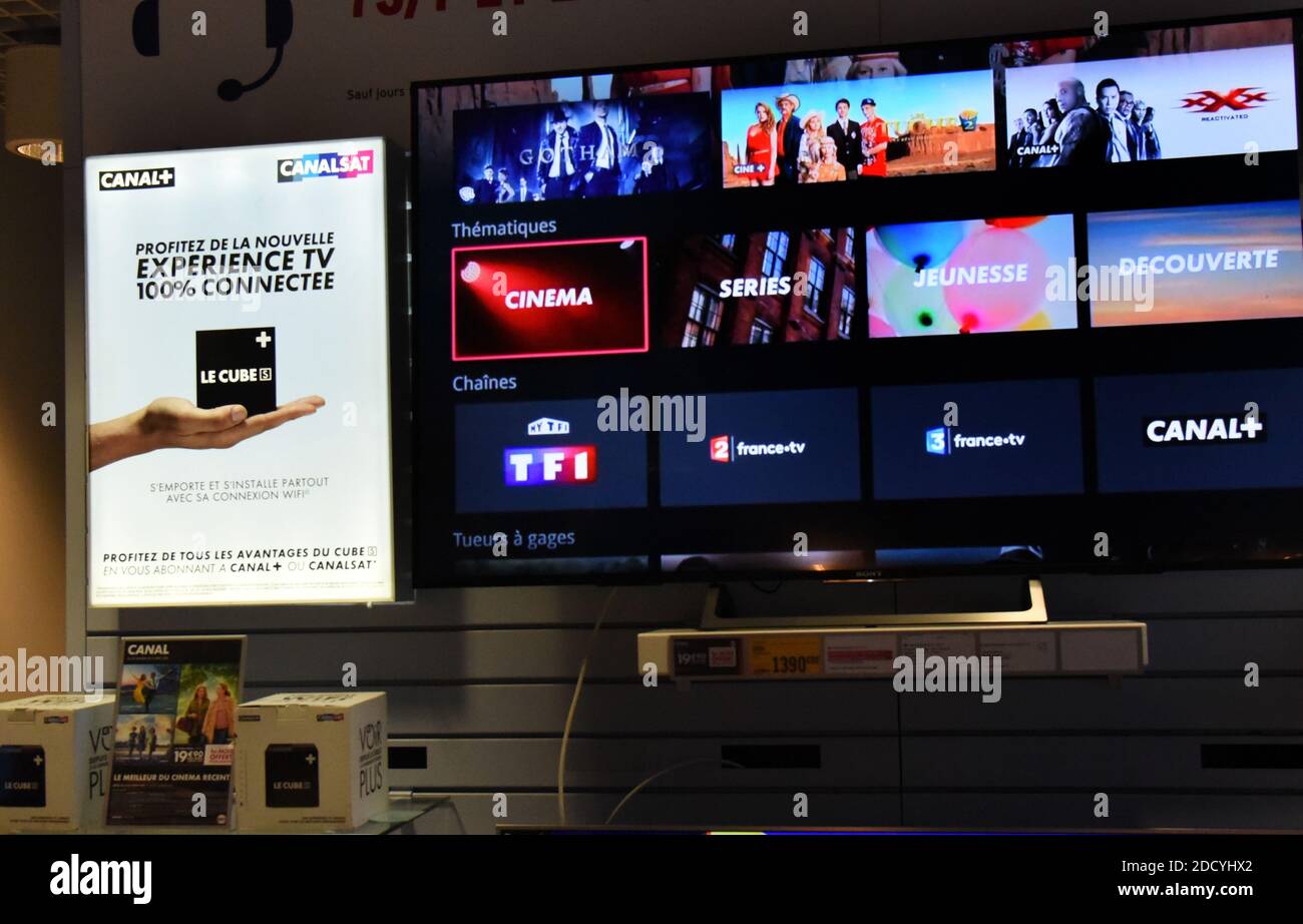 Canal+ items are on display in a retailer shop in Paris, France, March 7, 2018. In a press release Canal+ announced that it was terminating the distribution of the TF1 group’s channels because it could not reach a commercial agreement with the group, whose “unreasonable and unfounded financial requirements” it denounced. “The Canal+ group regrets the stalemate in the negotiations with the TF1 group after eighteen months of discussions and is forced to interrupt the distribution of channels TF1, TMC, TFX, TF1 Séries Films, LCI and their associated services,” according to the statement. Photo by Stock Photo