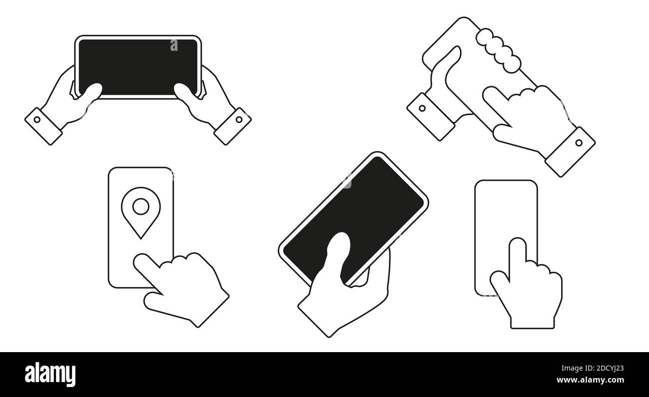 Smartphone hand icon set. Flat style illustration. Stock Photo