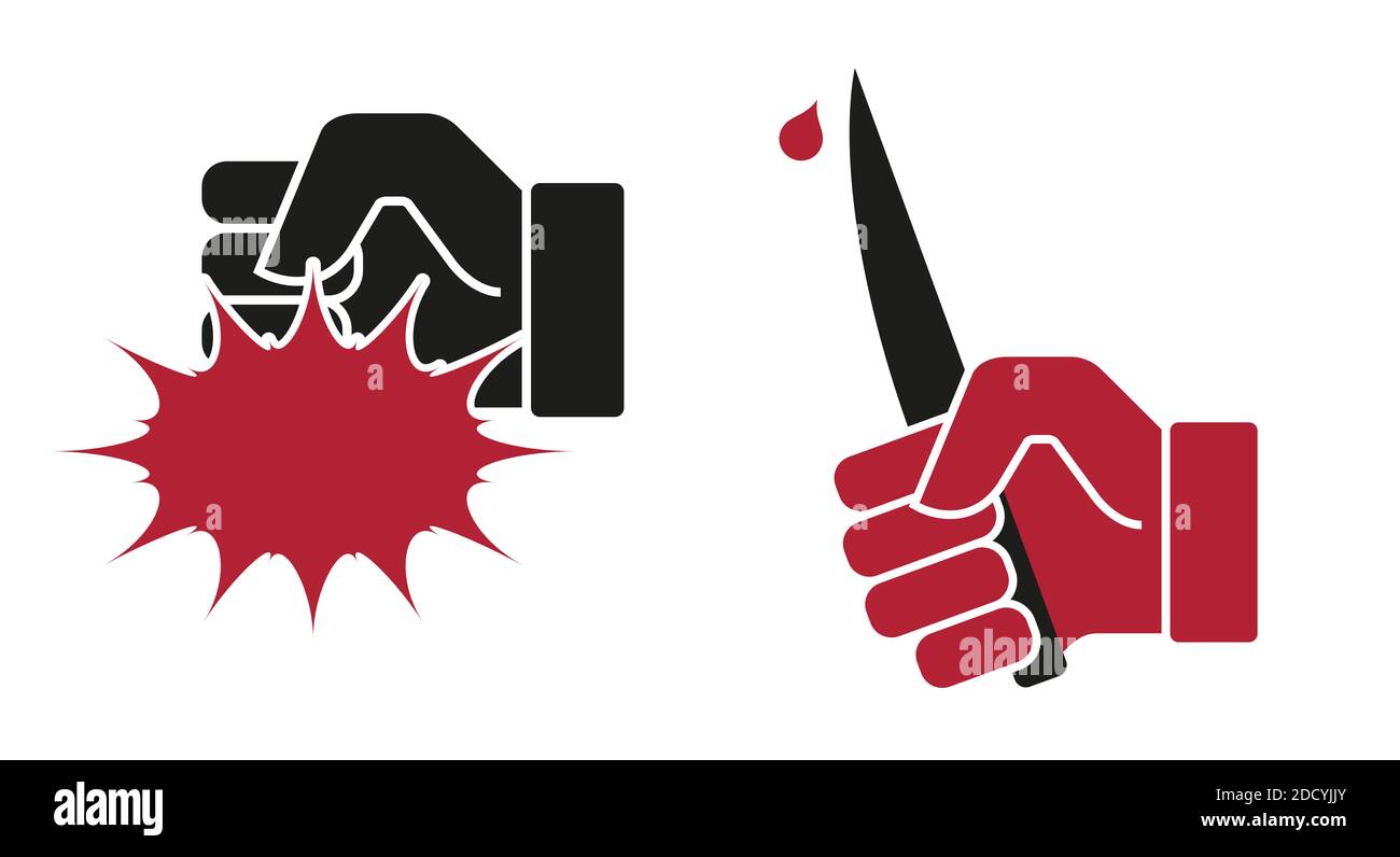 Demands, violence, hand beats, hand with a knife. Flat style illustration. Stock Photo