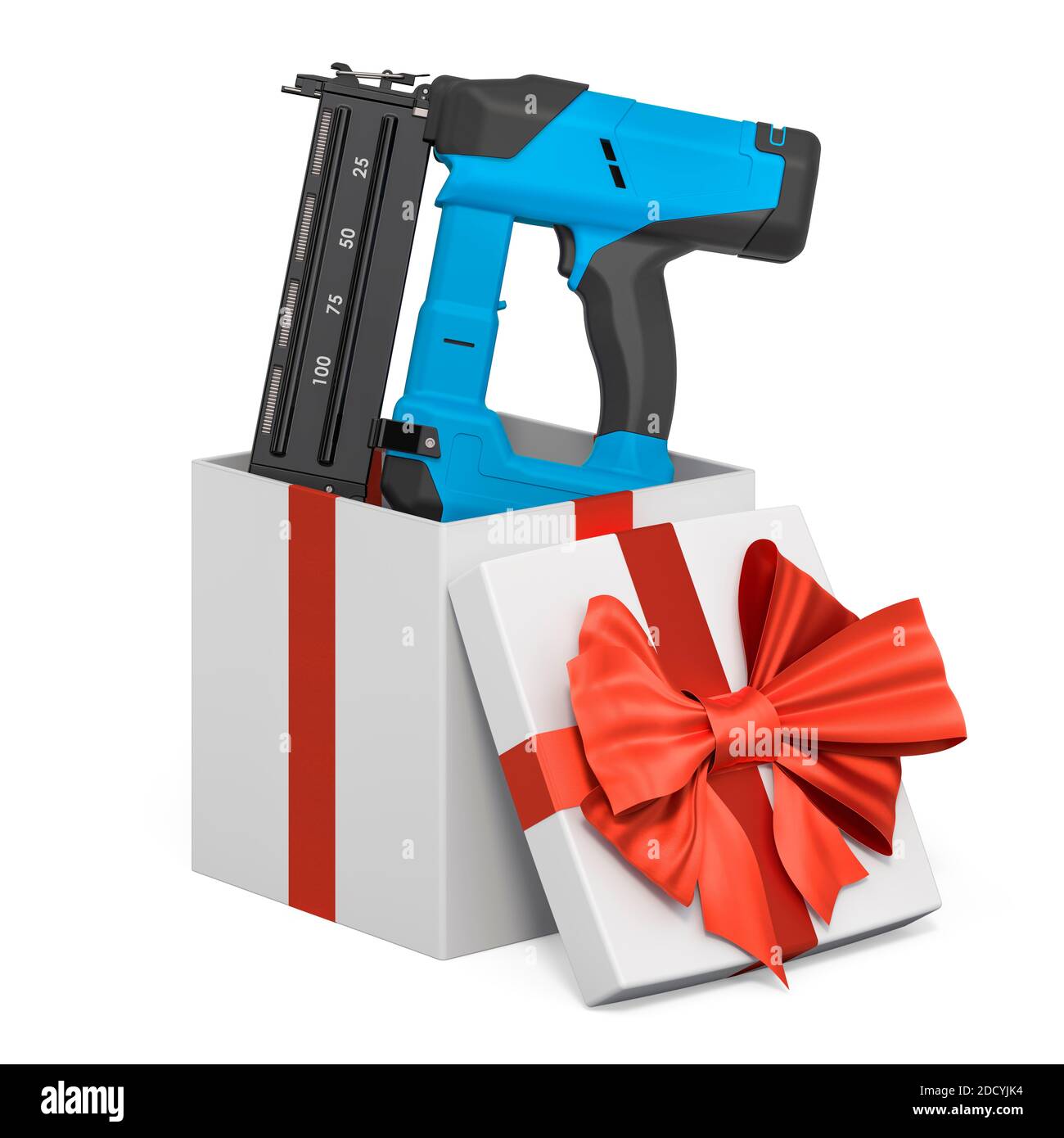 Electric brad nailer inside gift box, present concept. 3D rendering