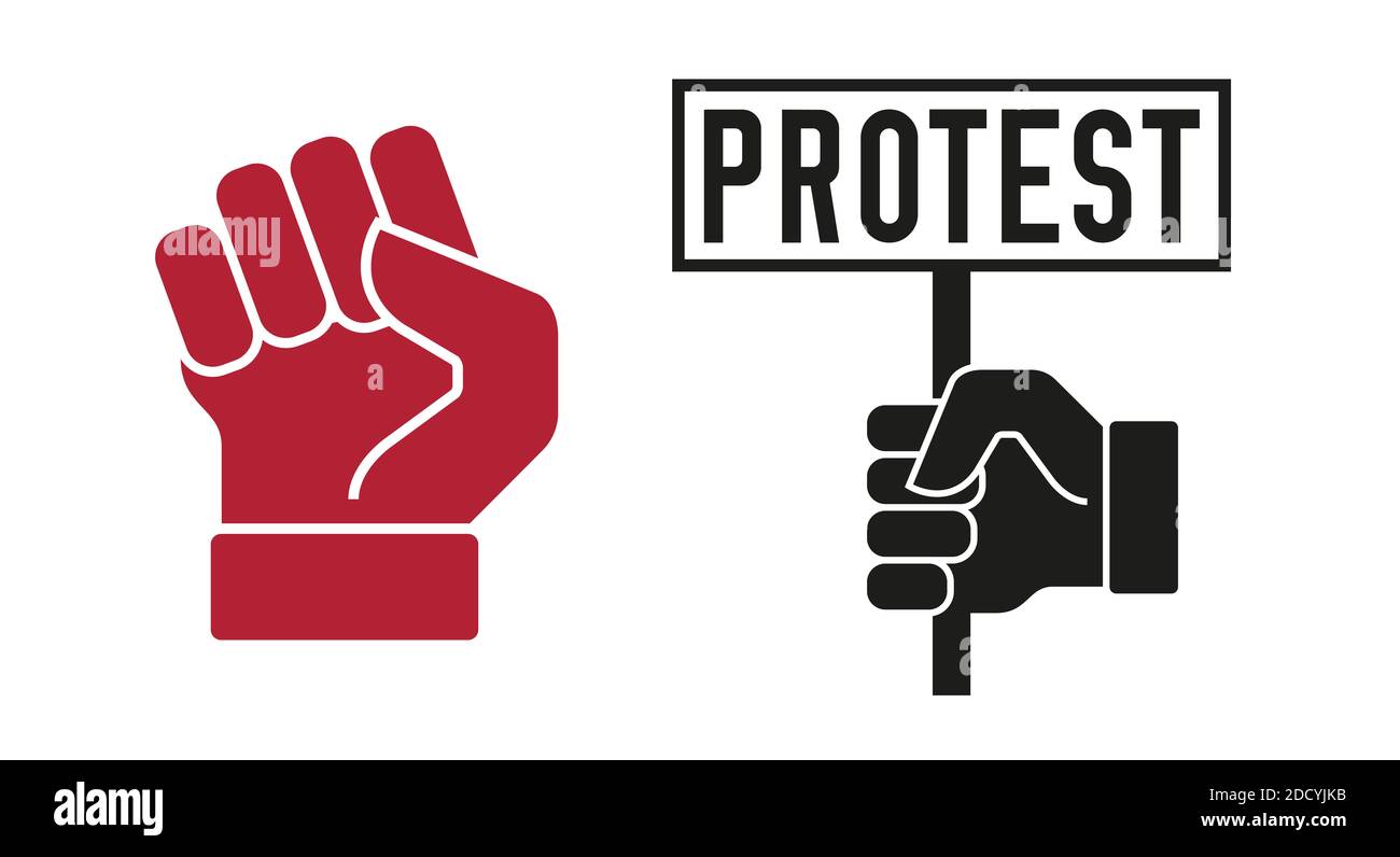 Protest hand holds placard and rased fist. Flat style illustration. Stock Photo