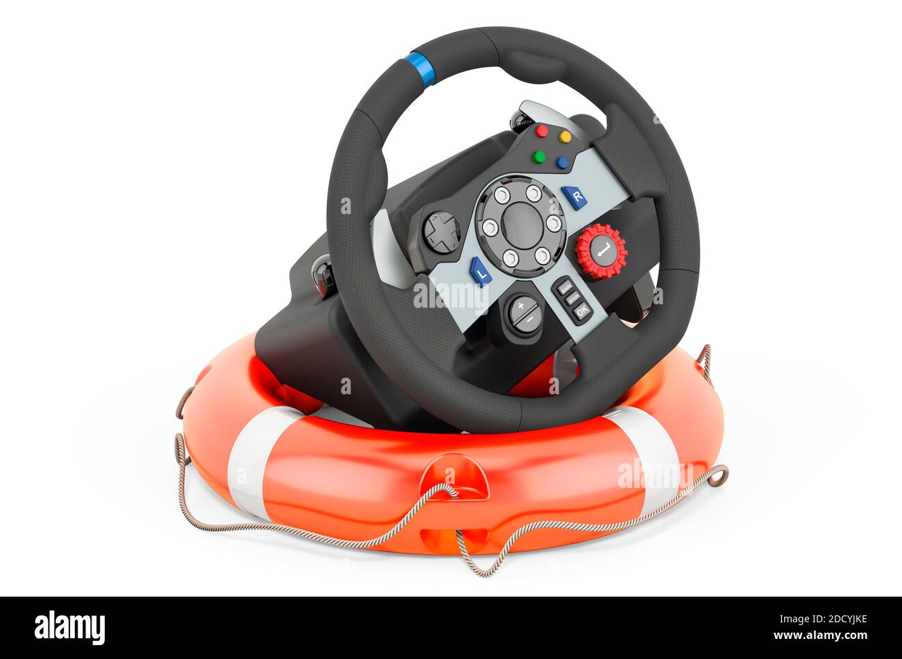 Gaming steering wheel with lifebelt, 3D rendering isolated on white ...