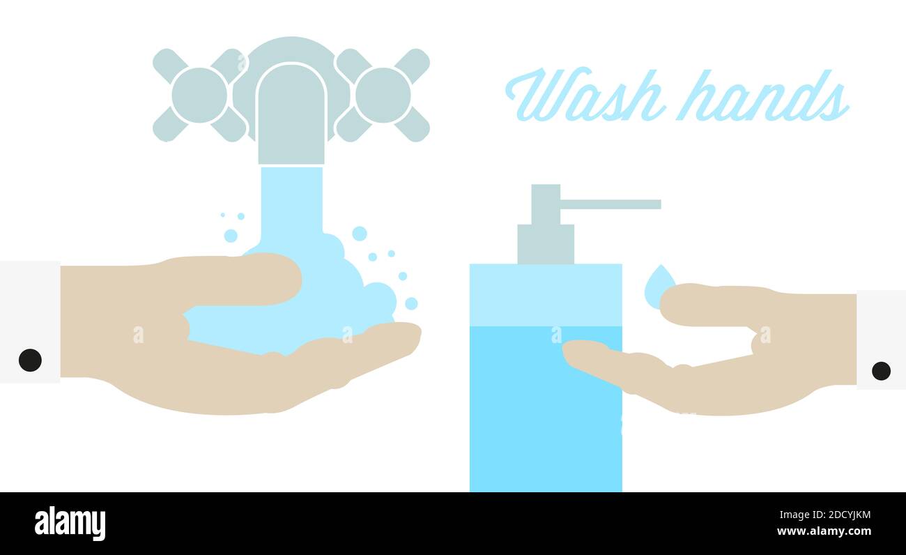 Wash hands. Faucet with water and liquid soap. Flat style illustration. Stock Photo
