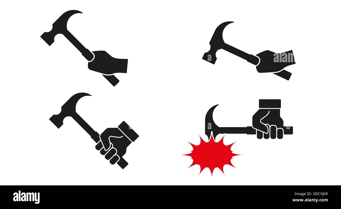Hand with hammer icon set. Flat style illustration. Stock Photo