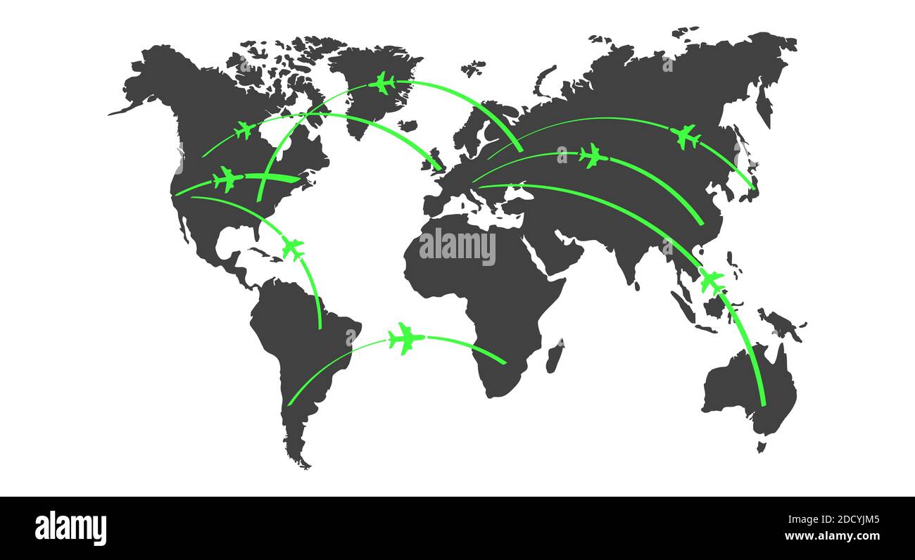 Aircraft routes world map. Flat style illustration. Stock Photo